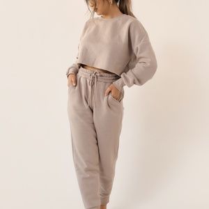Ash Brown Crop Sweatshirt + Sweatpants Set